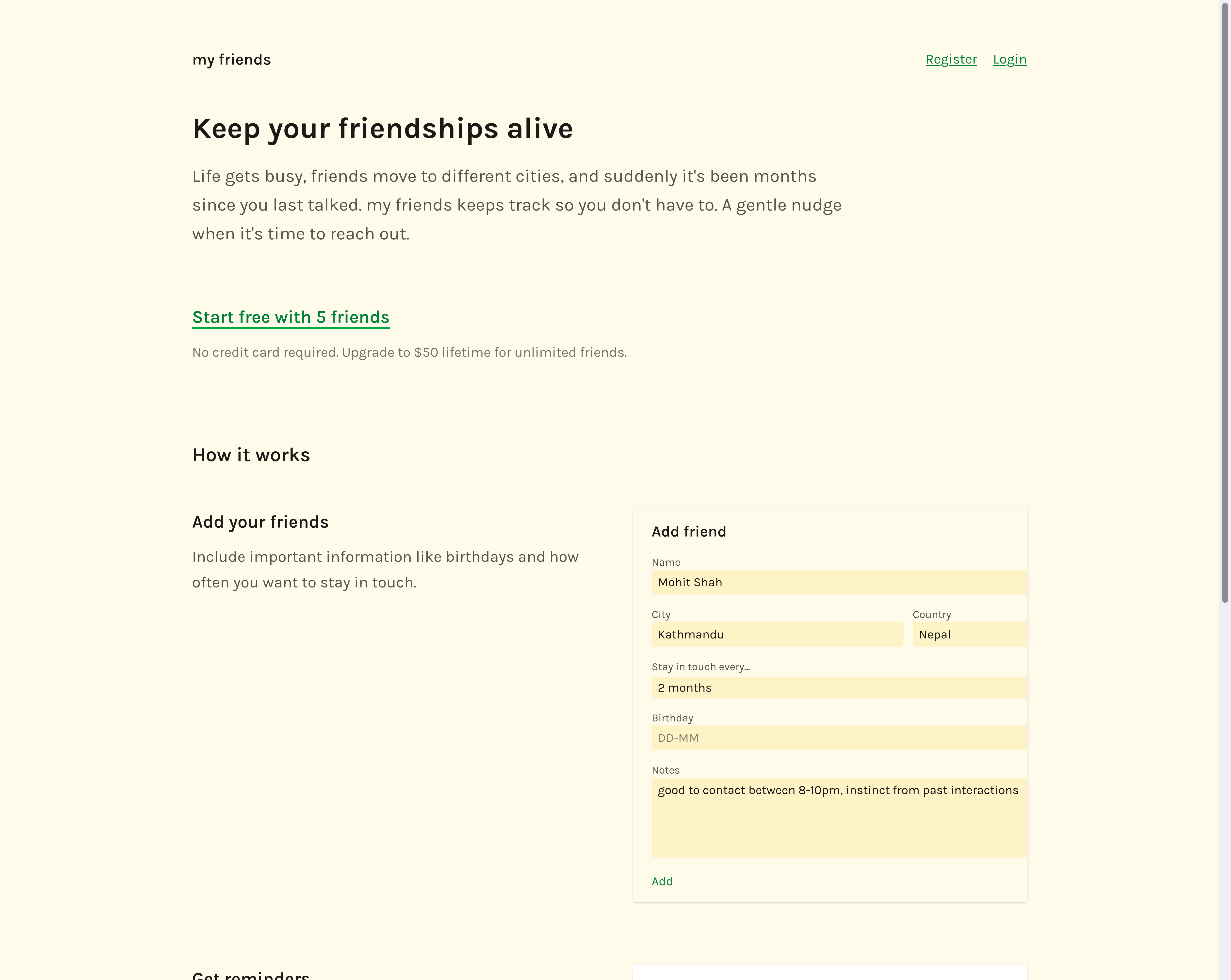 Landing page of the my friends website